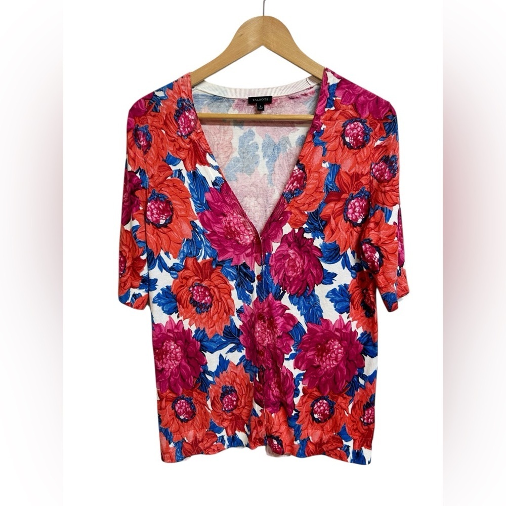 Talbots Womens Cardigan Sweater Sz Large Floral Lightweight Short Sleeve